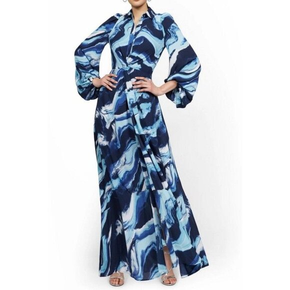 New York & Company Shirtdress Maxi 0 Statement Sleeve Twist-Front Boho Office - Picture 1 of 8